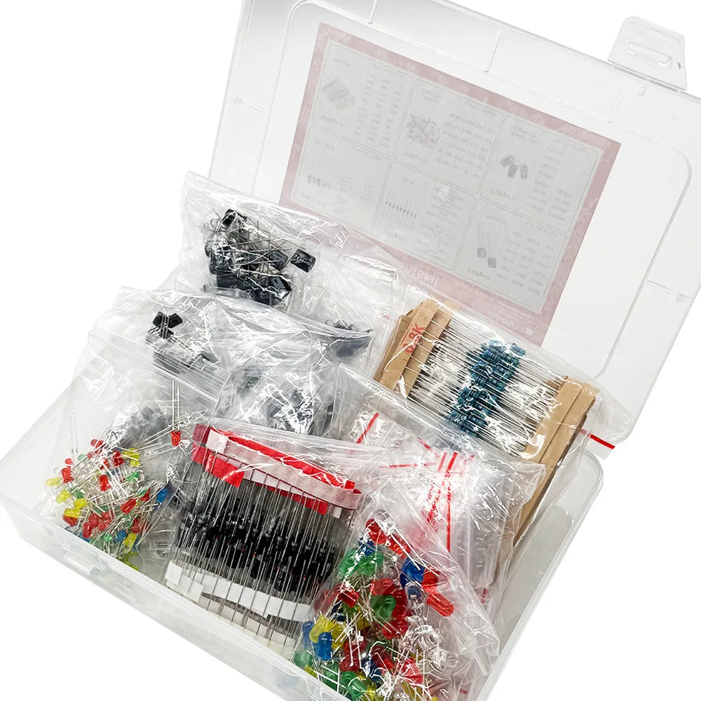1500PCS Electronic Components Kit Resistor Electrolytic Capacitor F5mmLED F3mmLED Diode Transistor Ceramic Capacitor with Box