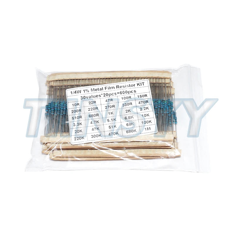 600 Pcs Metal Film Resistor Kit Assorted Kit 30 Values Metal Film Resistor Resistance 1/4W 1ohm-10Mohm 1% Tolerance