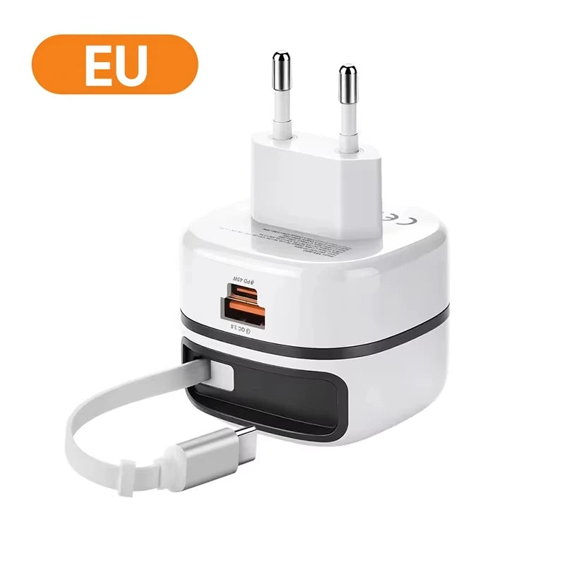 65W Charger with Retractable Cable 3- port Fast Charging Charger with Foldable Pin Original Table Chargers 2025