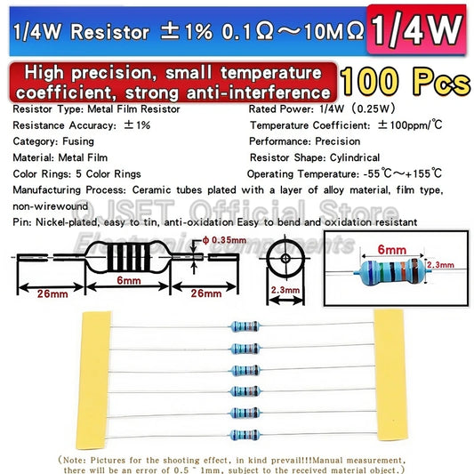 100pcs 1/4W Metal Film Resistor Element 1% 0.25W 1K 1.5K 2.2K 4.7K 10K 22K 47K 100K 470k 100 220 4K7 Ohm 5 Color Ring Resistors