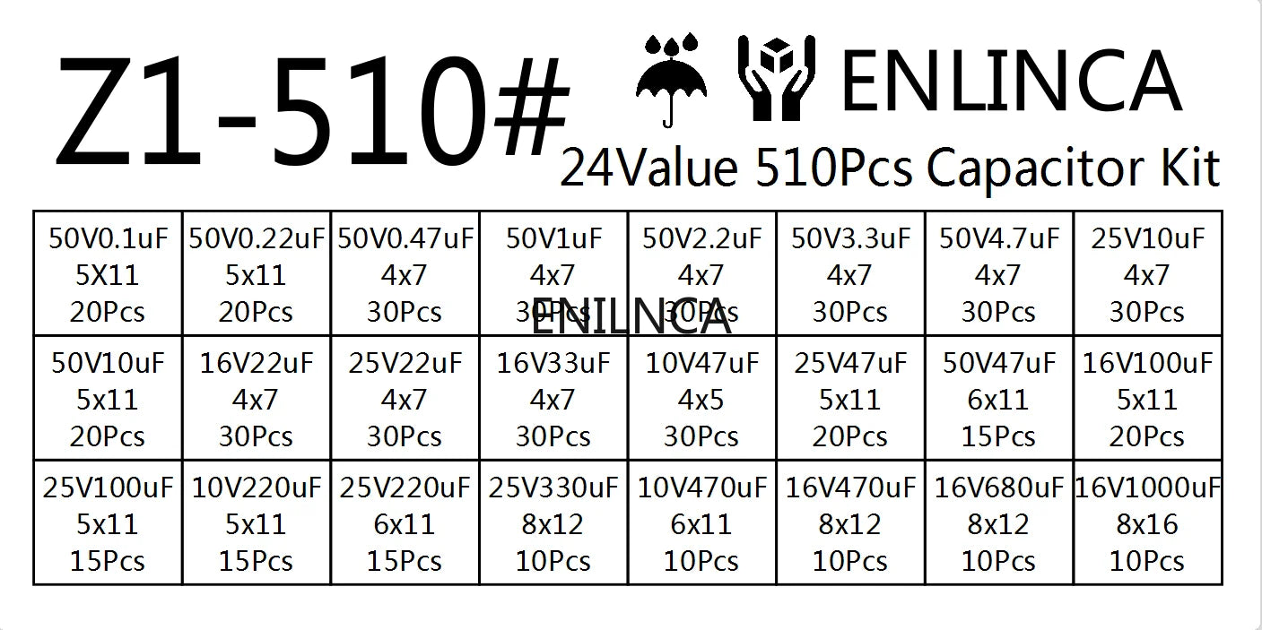 510Pcs/lot 0.1UF-1000UF 24Values Aluminum Electrolytic Capacitors 16-50V mix Electrolytic capacitor Assorted kit and storage box