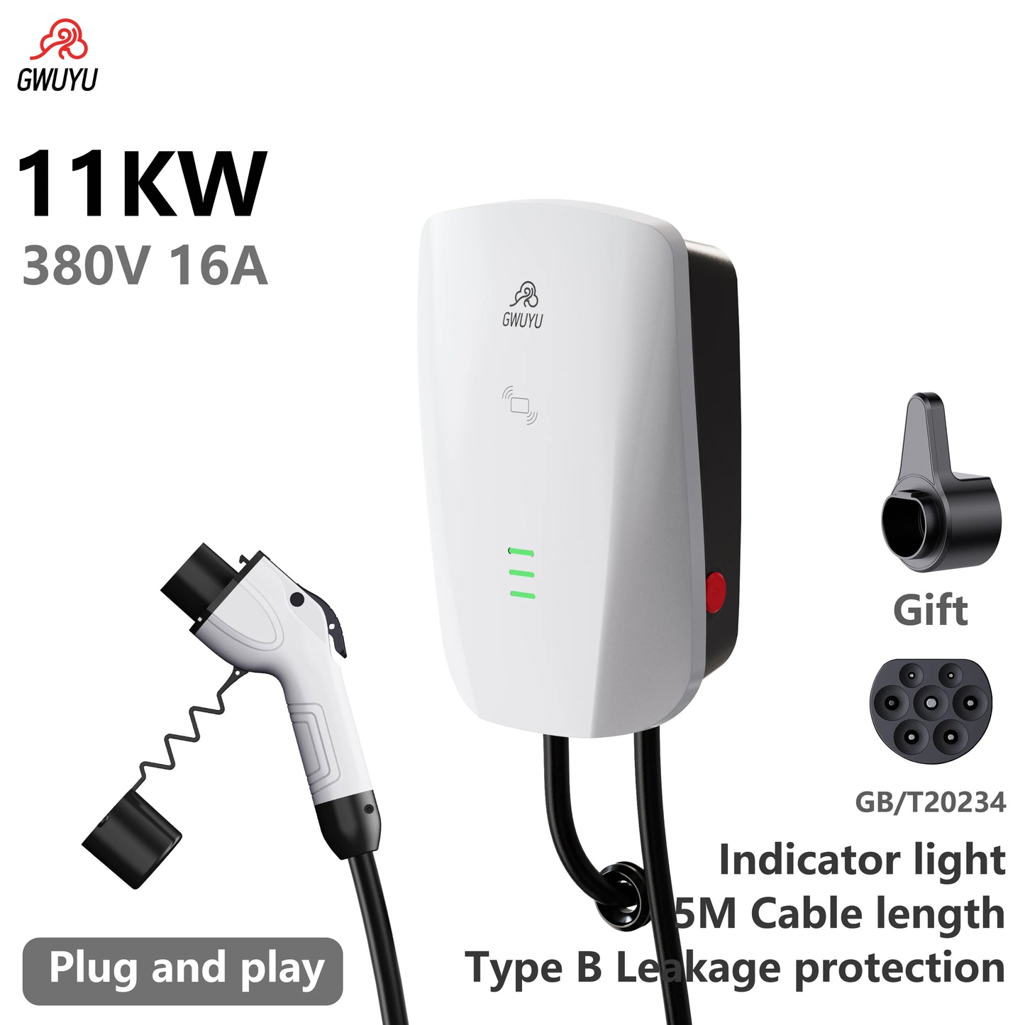 GWUYU GBT Standard EV Charger 11KW-22KW 3-Phase for Household Car Charging Station Wall Mount with 5m Charging Cable