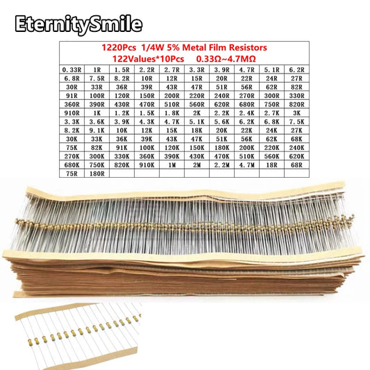 1220Pcs/Box Metal Film Resistors Kit 122 Values 1/4W 5% 0.33Ohm-910OR-1k-820k-910K-4.7M High Precision Resistance Set Assortment