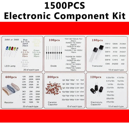 1500PCS Electronic Components Kit Resistor Electrolytic Capacitor  F5mmLED F3mmLED  Diode Transistor  Ceramic Capacitor with Box