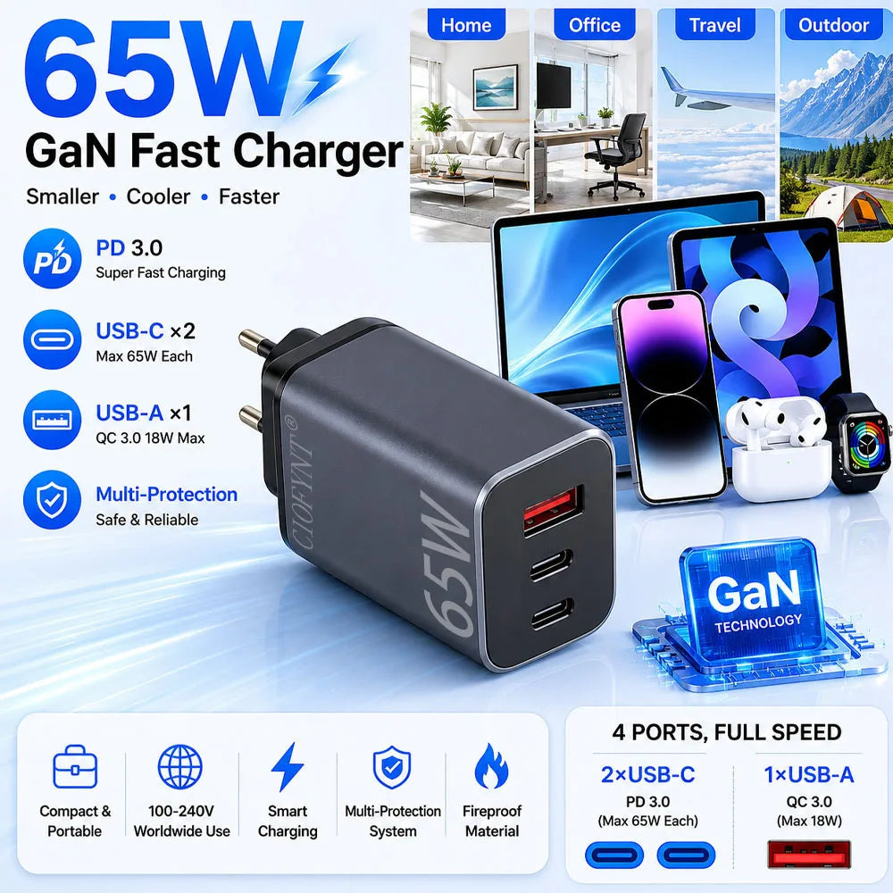 65W GaN Charger, 3-Port Fast Charger, USB-C PD 3.0, QC3.0, EU Plug Wall Charger, Multi-Device Charging, Compact Travel Charger,