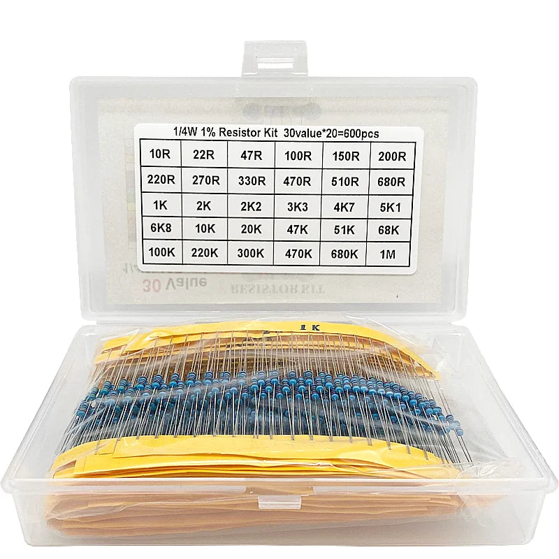 300pcs 600pcs 1/4W Resistance 1% 30 Kind Each 10pcs/20pcs Film Resistor Assorted Kit with box
