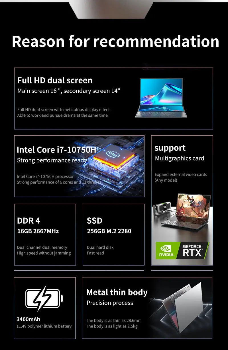Dual Screen Gaming Laptop 16 Inch IPS + 14'' Touch Core I9-10885H I7-10750H Max 64GB 4TB Slim Notebook Gamer PC Computer