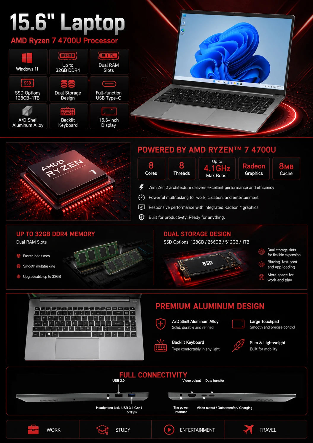 Best Selling 15.6 Inch Laptops Gaming Notebook Custom High Performance AMD Ryzen 7 4700U 16GB RAM 512GB SSD Laptops  New Design