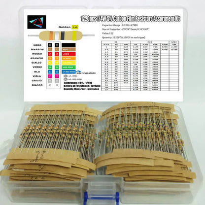 1220Pcs Resistor Kit 1/4W 5% 0.33 Ohm - 4.7M Ohm 122values X 10pcs Resistencias Resistor Pack Carbon Film Resistors Set Box