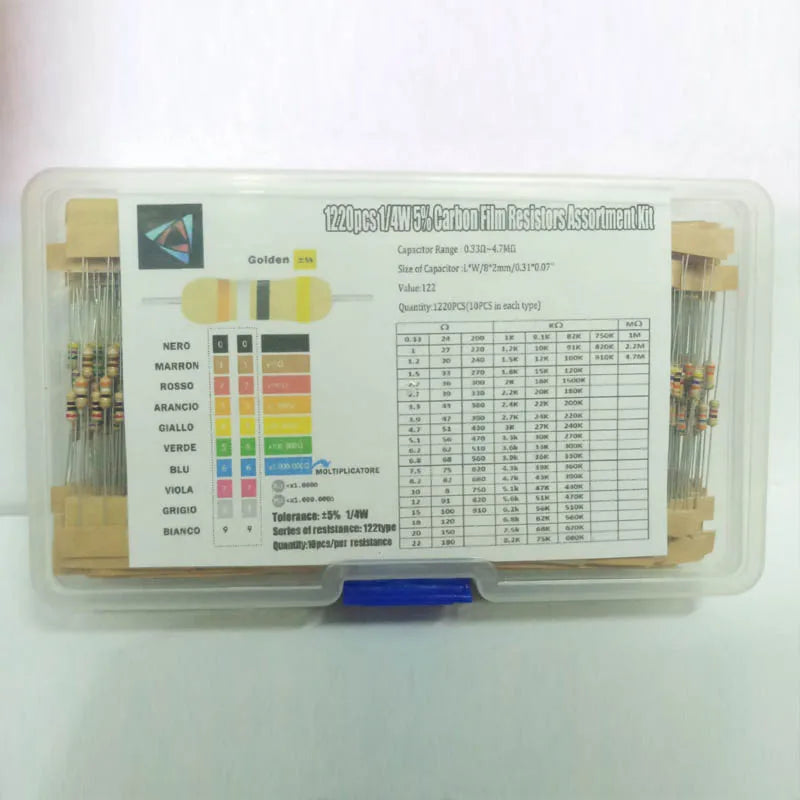 1220Pcs Resistor Kit 1/4W 5% 0.33 Ohm - 4.7M Ohm 122values X 10pcs Resistencias Resistor Pack Carbon Film Resistors Set Box
