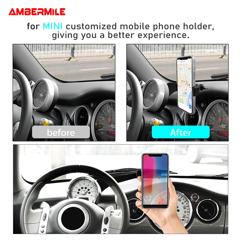AMBERMILE Car Steering Wheel Mobile Phone Holder for Mini Cooper R50 R52 R53 Accessories Auto Interior Decoration Mount Click