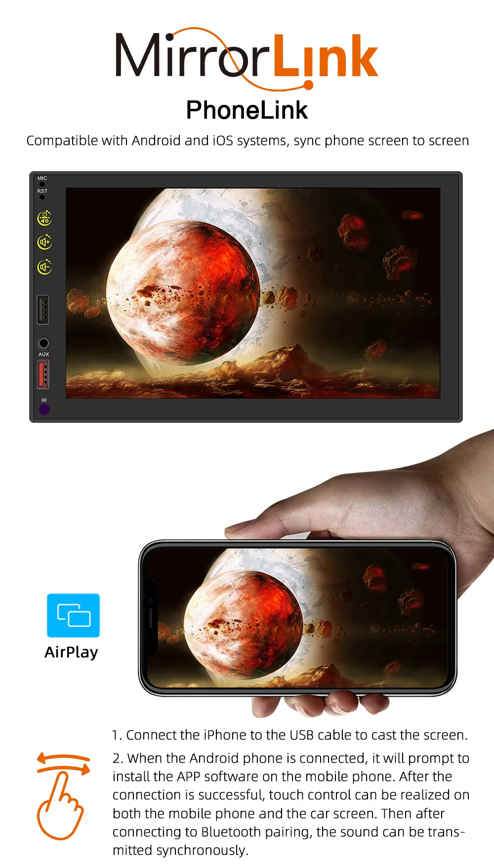 2 Din 7 Inch Wired CarPlay Android Auto HD RDS FM AM Touch Screen Car Multimedia Player Stereo Mirror Link Movie Playback