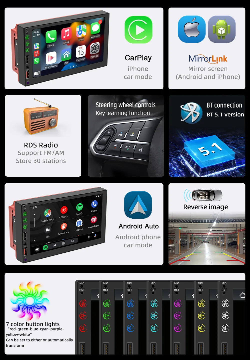 2 Din 7 Inch Wired CarPlay Android Auto HD RDS FM AM Touch Screen Car Multimedia Player Stereo Mirror Link Movie Playback