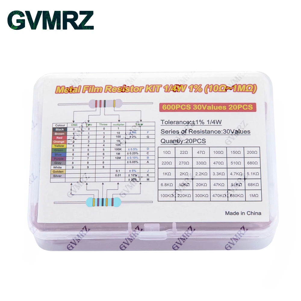 600PCS 30Values 1/4W Metal Film Resistor Assortment Kit - 20PCS Each, Boxed for Electronics DIY, Repair & Projects