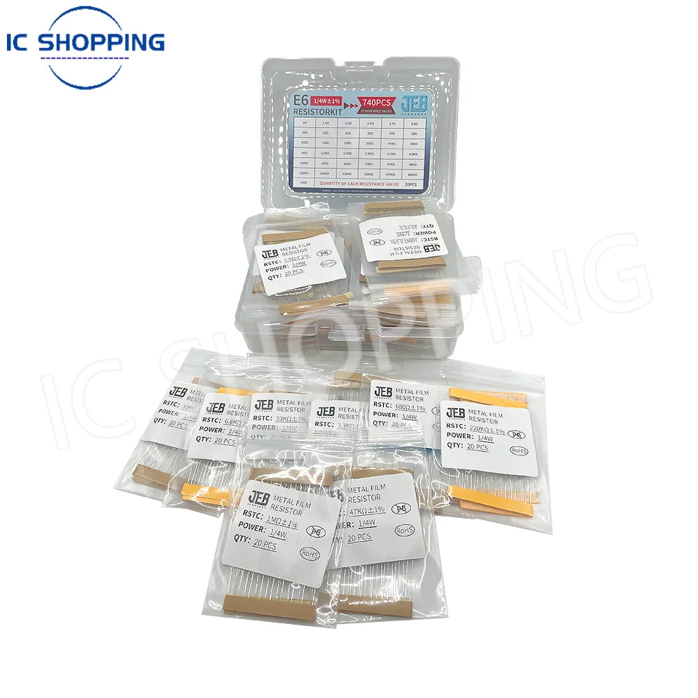 740PCS 1/4W Resistor Kit 37 Values Resistor Assortment 1Ω~1MΩ 0.25W 1% 5% Metal Film Resistors for DIY Projects and Experiments