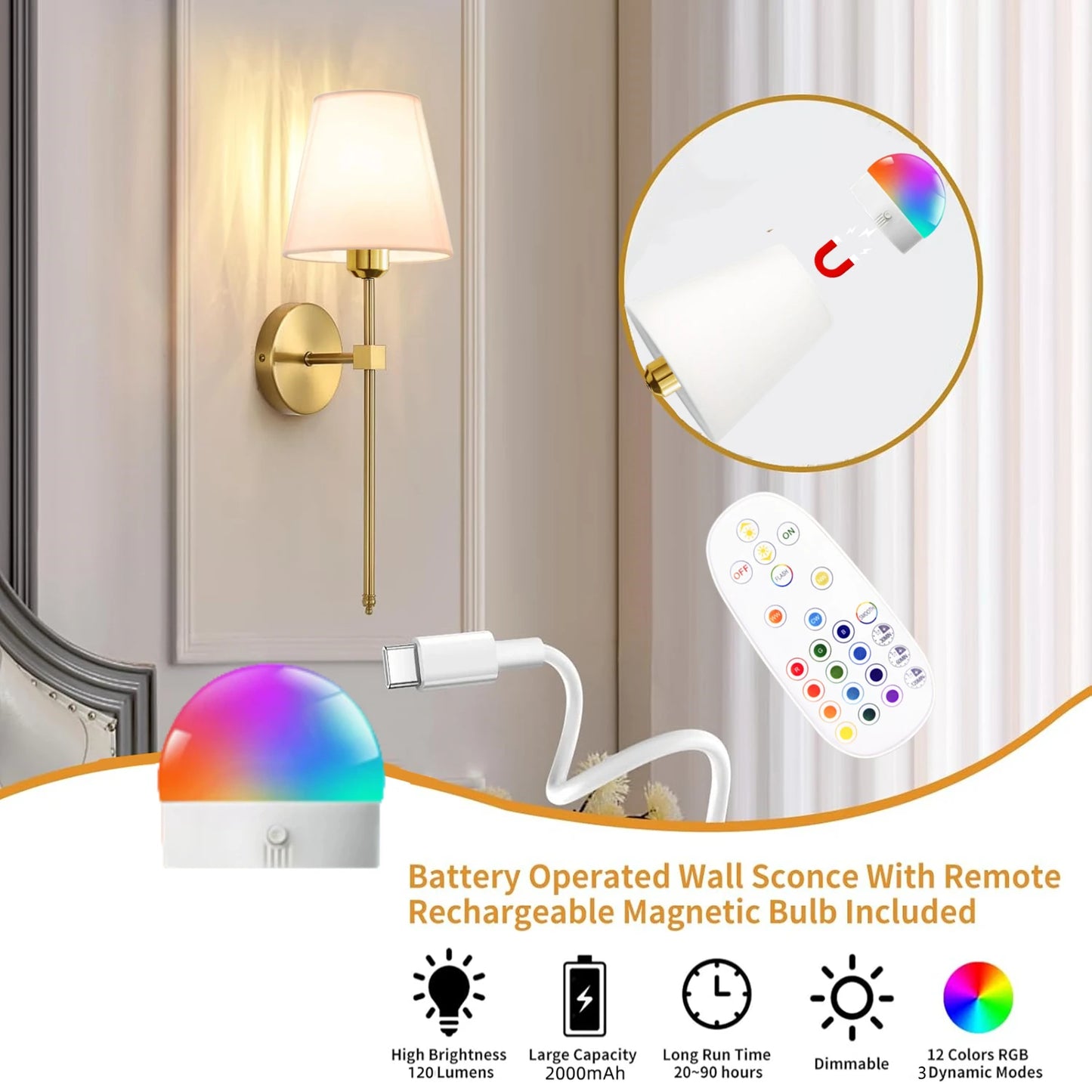 Wireless battery powered wall lamp rechargeable wall lamp dimmable detachable bulb remote control 10 color wireless wall lamp
