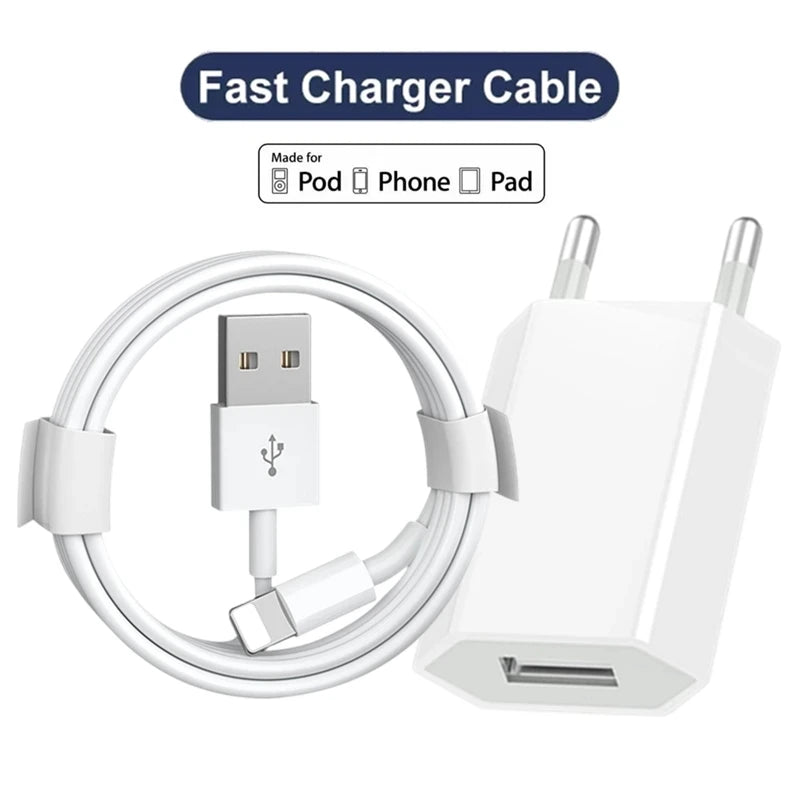 Original EU USB Wall Charger USB Data For iPhone 14 13 12 11 Pro Mini 8 Plus XR X XS SE Charging Data Cable