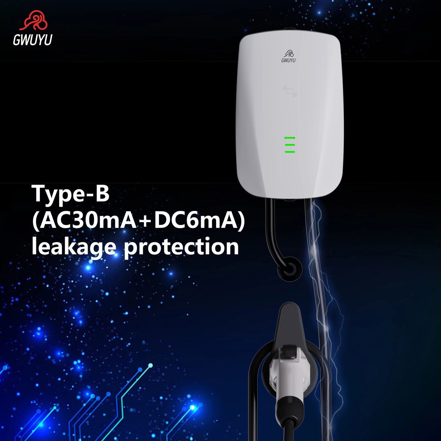 GWUYU GBT Standard EV Charger 11KW-22KW 3-Phase for Household Car Charging Station Wall Mount with 5m Charging Cable