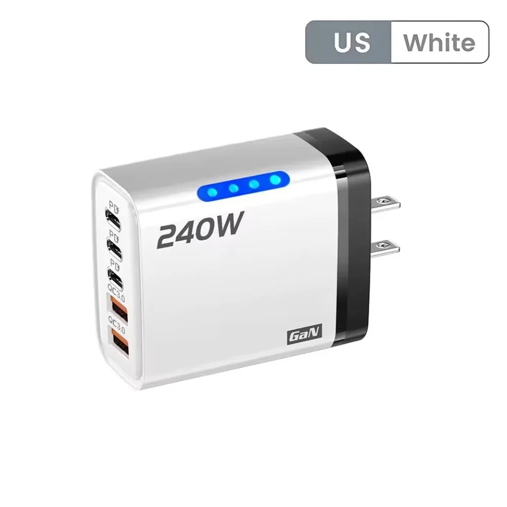 US Plug 240W Phone Charger Adapter GaN 5 in 1 Wall Charger Adapter Type C Fast Charge Mobile Phone USB C Charger Office Use
