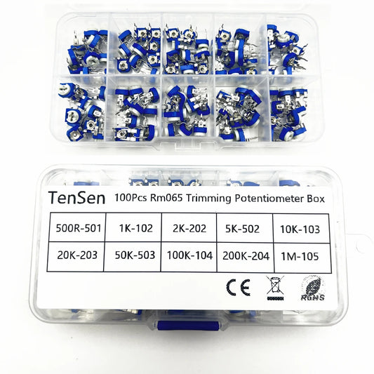 100Pcs/Box RM065 Carbon Film Horizontal Trimpot Potentiometer Assortment Kit 10 Values Variable Resistor 500R 1K 2K 5K 10K -1M