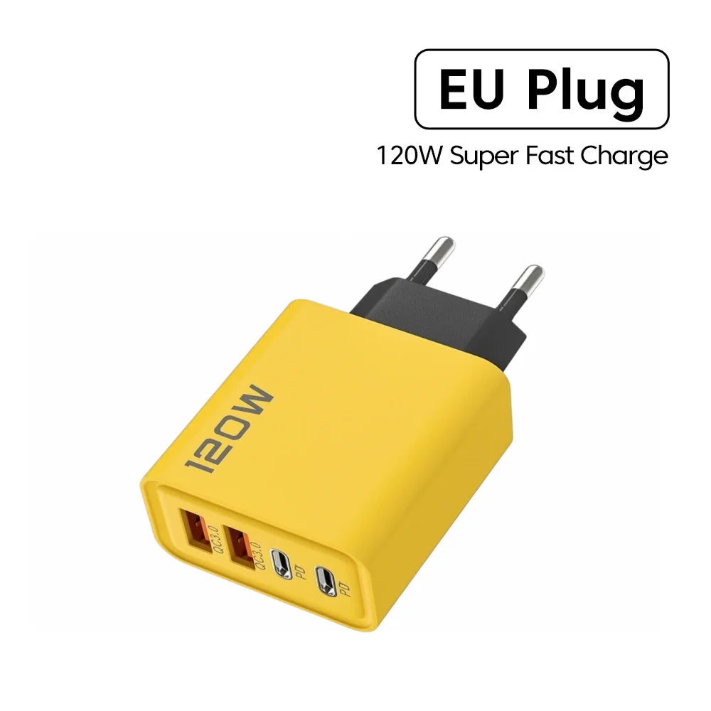 120W 4-Port Fast Charger PD USB 3.0 Type C Wall Charging Adapter EU US Plug Multi-port Phone Charger