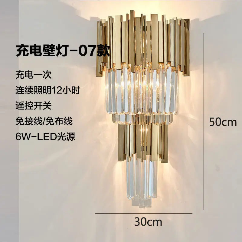 Rechargeable battery Wall Lamp Wiring Free Crystal Wall Lamp Light Luxury Modern for Living Room Golden Led Wall Sconce Lamp E14