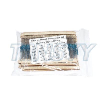 600 Pcs Metal Film Resistor Kit Assorted Kit 30 Values Metal Film Resistor Resistance 1/4W 1ohm-10Mohm 1% Tolerance
