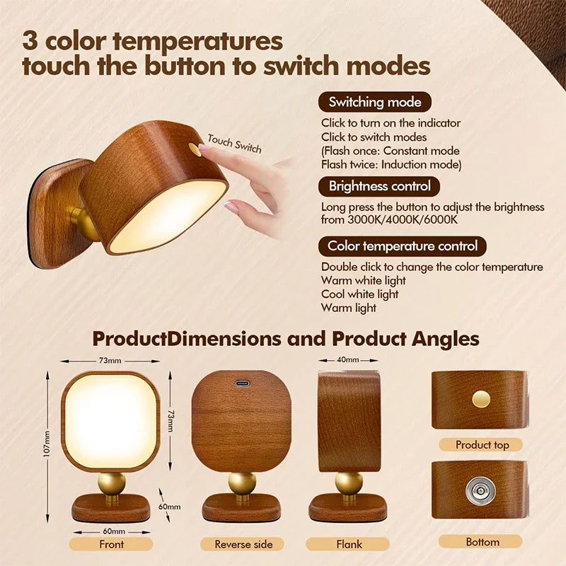 Wireless Charging Bedside Wall Lamps Wood Night Light Portable Creative Magnetic Touch Switch ntelligent Human Body Wall Lights