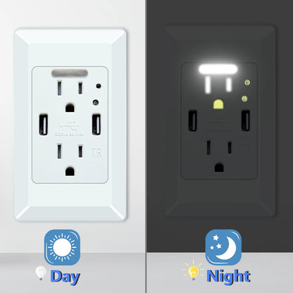 2 USB Charger Wall Outlet 15Amp Receptacle Charging Ports 2 Electrical AC Outlets Auto On/Off Nightlight Sensor and Wall Plates