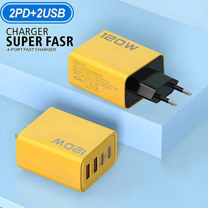 120W 4-Port Fast Charger, PD USB3.0 Type-C Wall Charging Adapter, Multi-port Phone Charger with EU & US Plugs