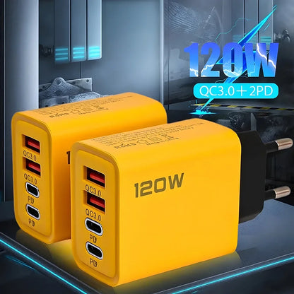 120W 4-Port Fast Charger PD USB 3.0 Type C Wall Charging Adapter EU US Plug Multi-port Phone Charger