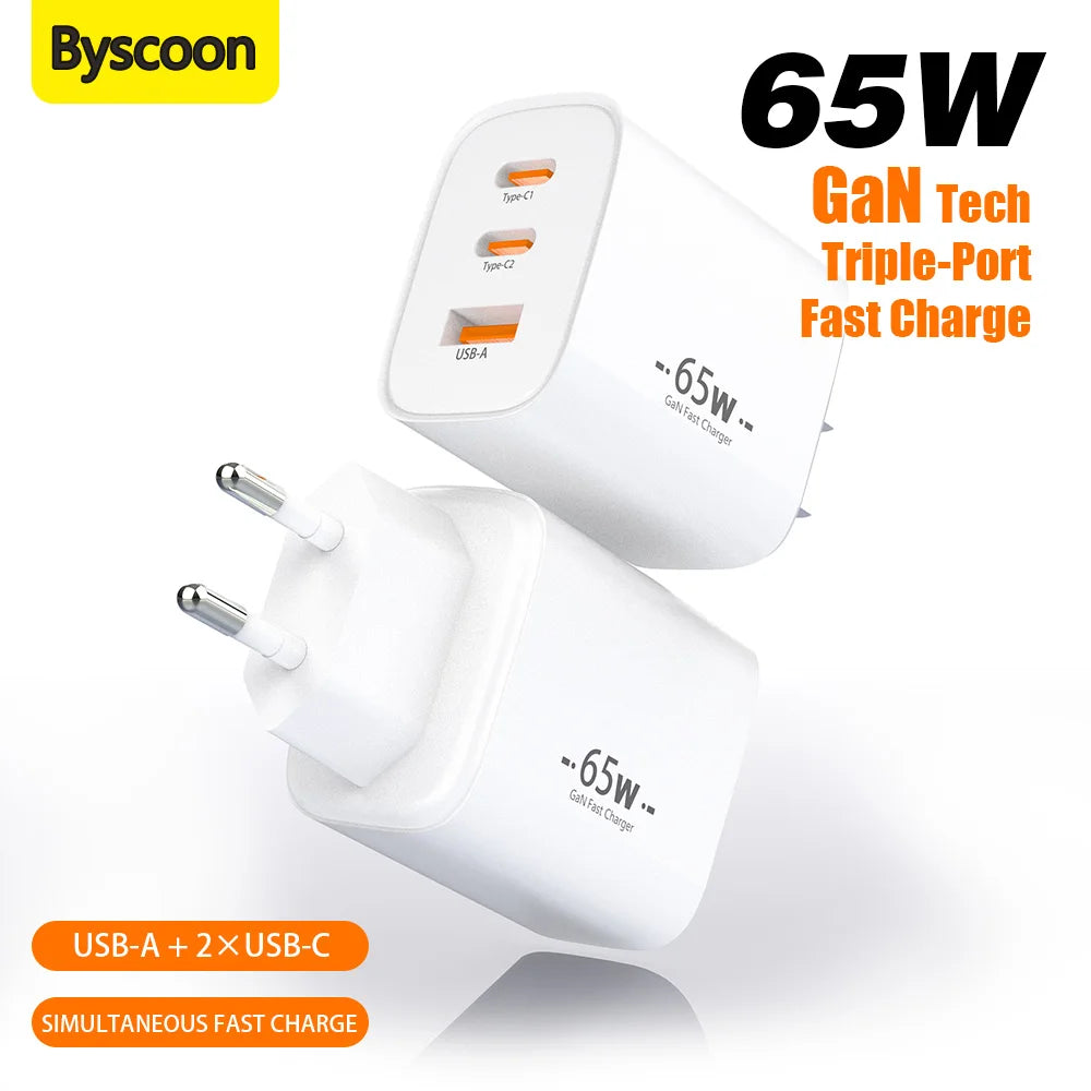 65W USB C Wall GaN Charger Block 3-Port PPS PD QC Fast Type C Charger 20V for Laptop Galaxy S24 iPhone 17 16 15,EU US Plug