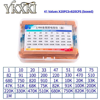 300Pcs 600Pcs 820Pcs 1/4W Metal Film Resistor kit set 30/41 Values resistors pack 1R~1M ohm Resistance 1% Set of resistors