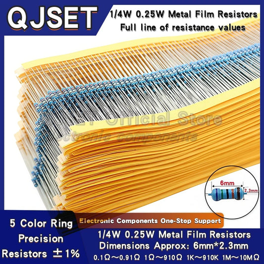 100pcs 1/4W Metal Film Resistor Element 1% 0.25W 1K 1.5K 2.2K 4.7K 10K 22K 47K 100K 470k 100 220  4K7 Ohm 5 Color Ring Resistors