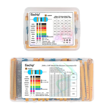 300-2600PCS 1/4W Resistor Kit 1% Metal Film Resistors 0.25W 10Ω~1MΩ / 1Ω~3MΩ Resistance Box for DIY Electronics & Circuit Repair