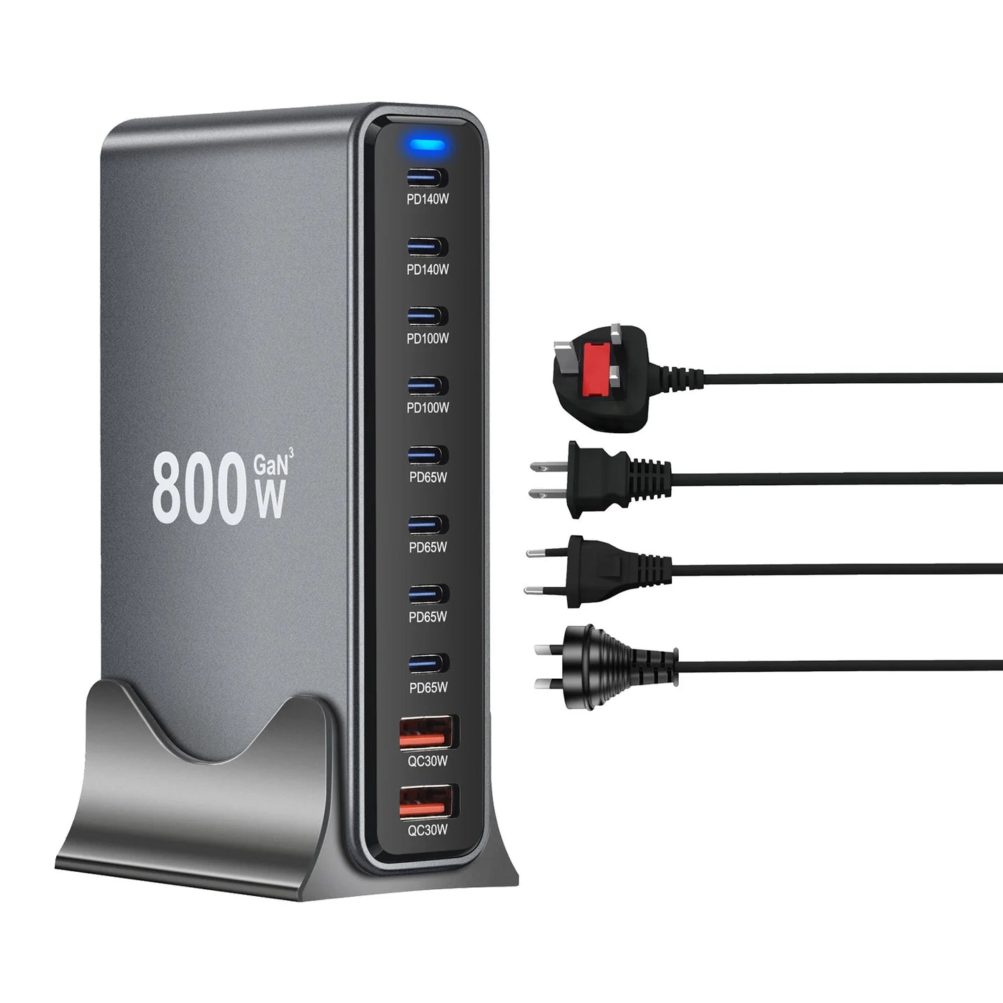 800W GaN Desktop Charger USB C Dual 140W PD3.110 Ports Fast Charging Station Adapters for Multiple Devices Laptop Wall Charger
