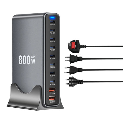 800W GaN 10 Ports Fast Charging Station Adapters USB C Dual 140W PD3.1 Desktop Charger for Multiple Devices Laptop Wall Charger