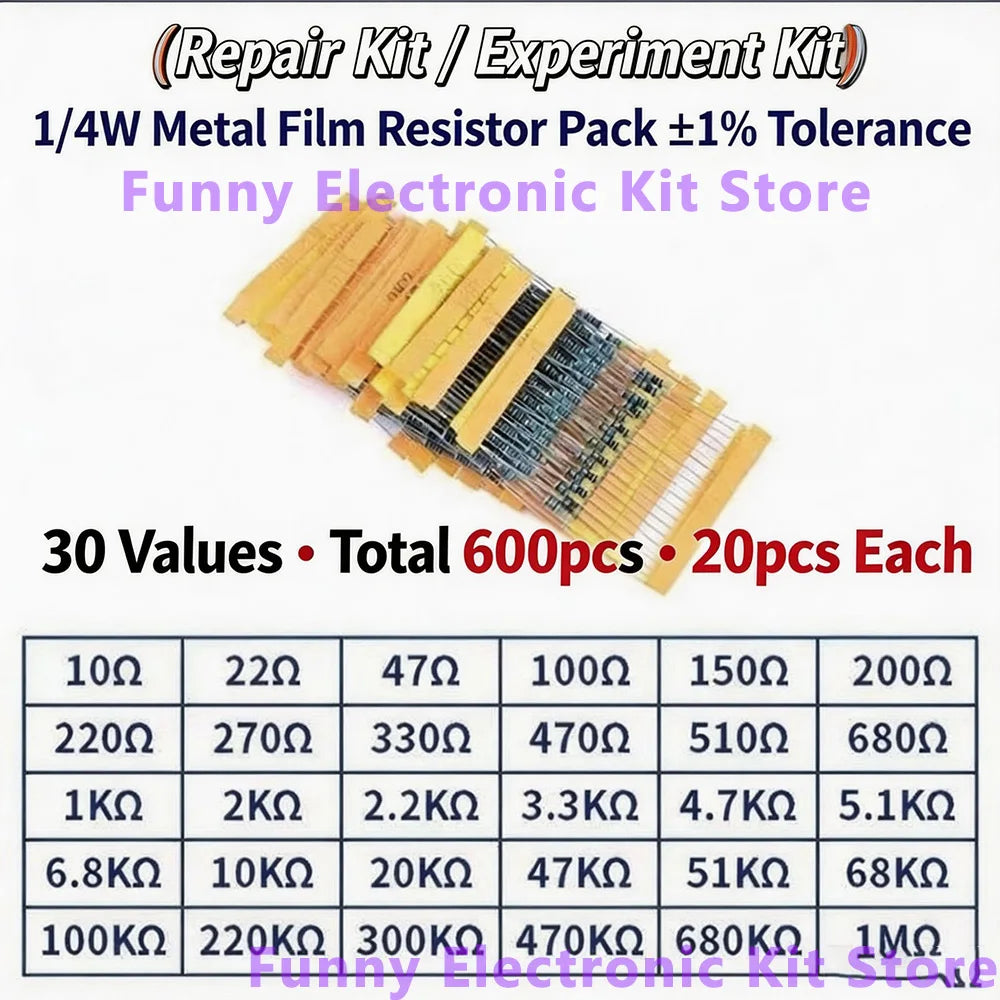 600 Pcs Assorted Metal Film Resistor Kit 30 Values 1/4W Resistance 1ohm-10Mohm 1% Tolerance for Electronics Projects
