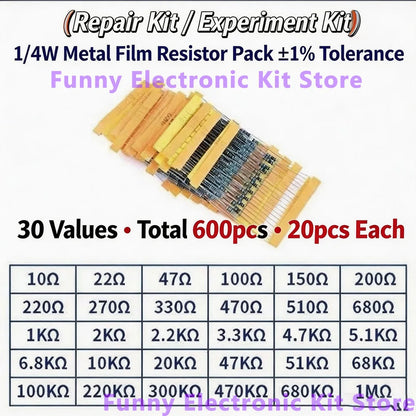 600 Pcs Assorted Metal Film Resistor Kit 30 Values 1/4W Resistance 1ohm-10Mohm 1% Tolerance for Electronics Projects