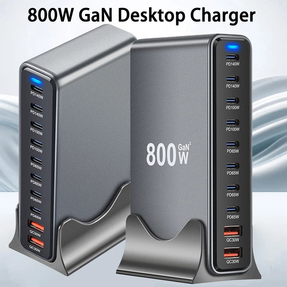 800W GaN 10 Ports Fast Charging Station Adapters USB C Dual 140W PD3.1 Desktop Charger for Multiple Devices Laptop Wall Charger