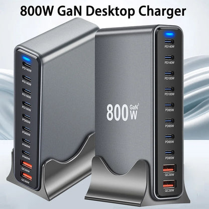 800W GaN 10 Ports Fast Charging Station Adapters USB C Dual 140W PD3.1 Desktop Charger for Multiple Devices Laptop Wall Charger