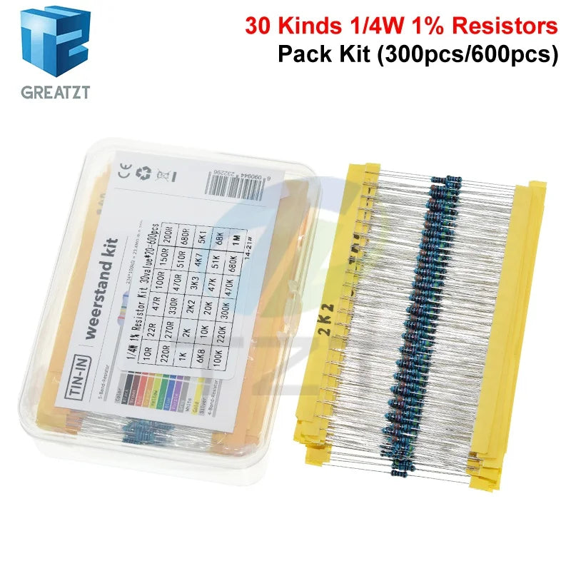 GREATZT 600pcs/set 30 Kinds 1/4W Resistance 1% Metal Film Resistor Pack Assorted Kit 1K 10K 100K 220ohm 1M Resistors 300pcs/set
