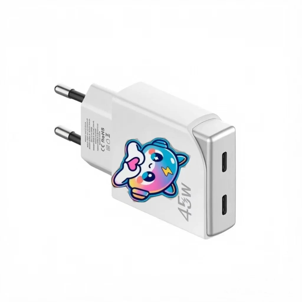 45W GaN Cute Cartoon Fast Charger EU Plug, Dual USB-A & Type-C Port Wall Charger for Multi Devices Home Office Travel