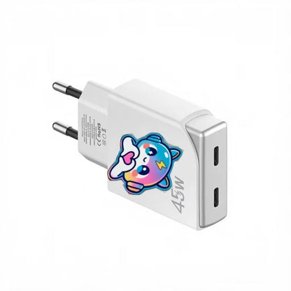 45W GaN Cute Cartoon Fast Charger EU Plug, Dual USB-A & Type-C Port Wall Charger for Multi Devices Home Office Travel