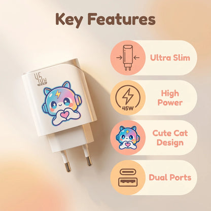 45W GaN Cute Cartoon Fast Charger EU Plug, Dual USB-A & Type-C Port Wall Charger for Multi Devices Home Office Travel