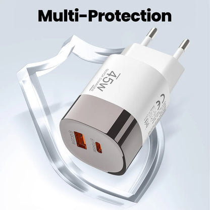 Dual Ports USB Type C Charger Fast Charging 45W QC PD 3.0 Travel Wall Charger Adpater Fast USB Chargers For Phone EU US UK Plug