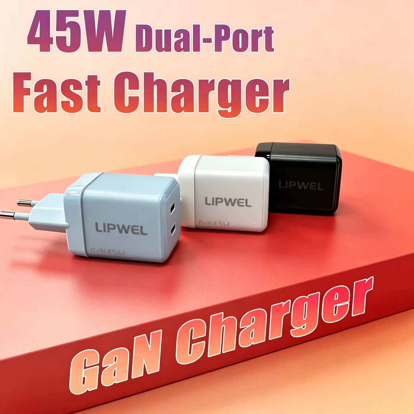 45W Dual USB‑C Port Fast Charger, GaN PD Wall Charger (Max 45W), EU Plug, Compact Travel Power Adapter for Phones, Tablets