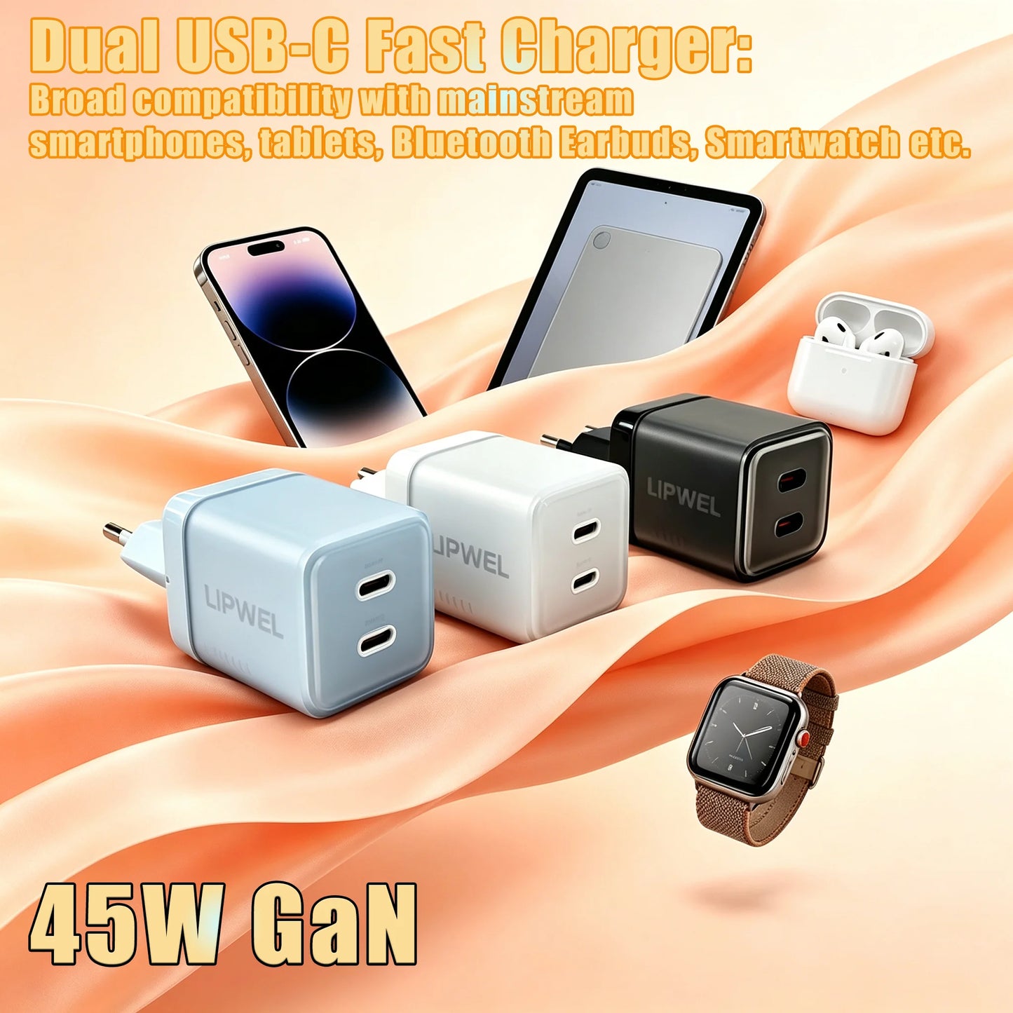 45W Dual USB‑C Port Fast Charger, GaN PD Wall Charger (Max 45W), EU Plug, Compact Travel Power Adapter for Phones, Tablets