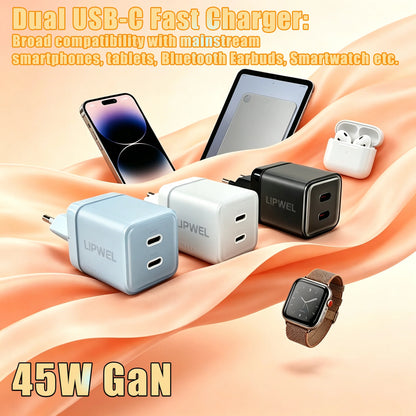 45W Dual USB‑C Port Fast Charger, GaN PD Wall Charger (Max 45W), EU Plug, Compact Travel Power Adapter for Phones, Tablets