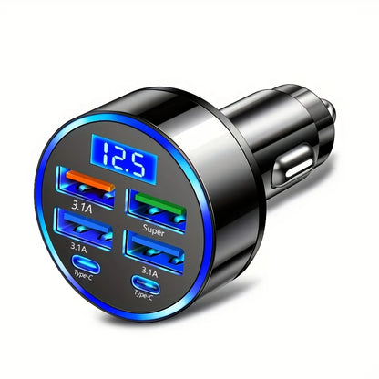 6-in-1 Fast Charging Car Adapter 3.1A Dual Type-C Digital Display Smartphones Tablets Power Banks Black Portable Charger
